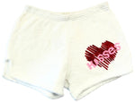 Pajama Shorts (girls) - Solid Shorts with Red Glitter Striped Heart and Pink Glitter Kisses