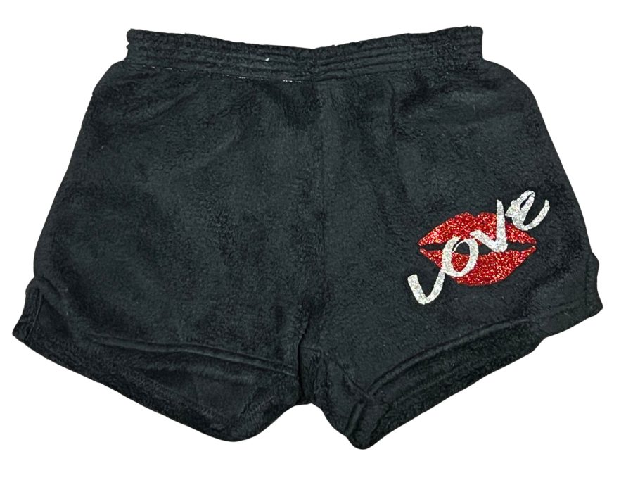 Pajama Shorts (girls) - Solid Shorts with Silver Glitter LOVE & Red Lips