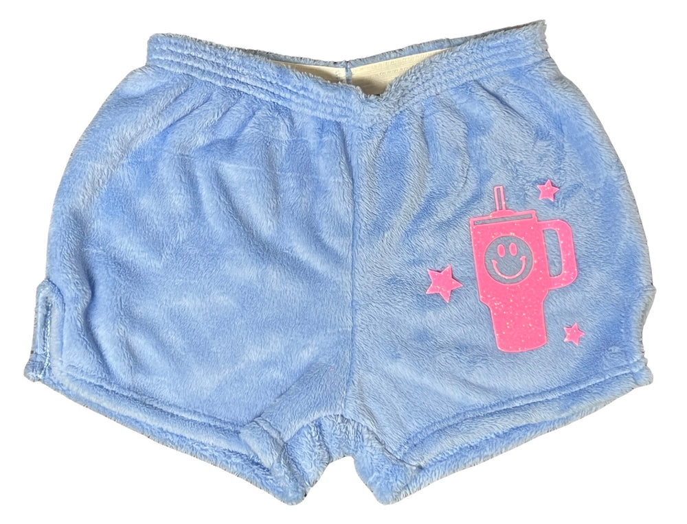 Fuzzy Pajama Shorts (girls) - Solid Shorts with Smiley "Stanley" Cup & Stars