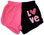 Fuzzy Pajama Shorts (girls) - Two-Toned Shorts with Pink Glitter LOVE and Fuchsia Glitter Heart
