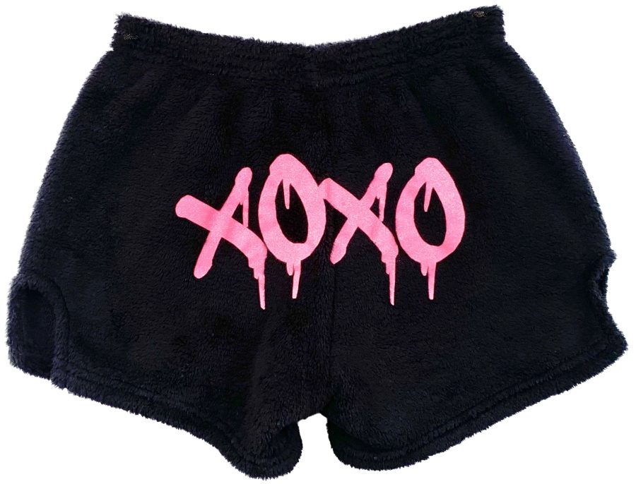Fuzzy Pajama Shorts (girls) - Solid Shorts with Glitter Drippy XOXO on the Back