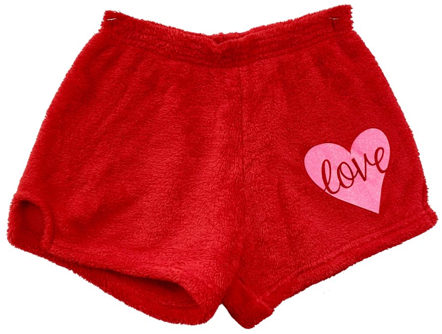 Fuzzy Pajama Shorts (girls) - Solid Shorts with Pink Glitter Herat & Script Love