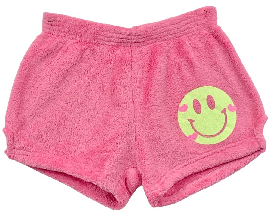 Fuzzy Pajama Shorts (girls) - Solid Shorts with Yellow Glitter Smiley & Hearts