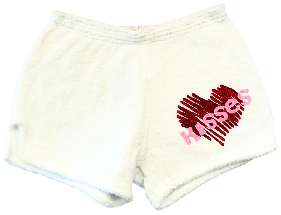 Fuzzy Pajama Shorts (girls) - Solid Shorts with Red Glitter Striped Heart and Pink Glitter Kisses