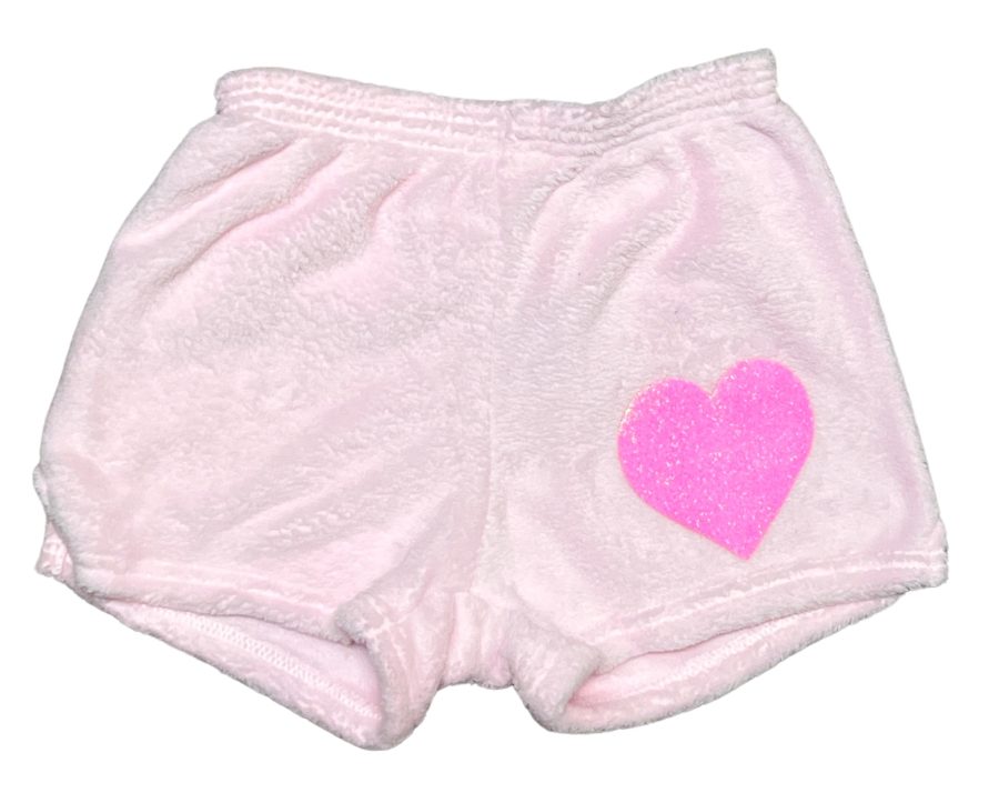 Fuzzy Pajama Shorts (girls) - Solid Shorts with Pink Glitter Heart