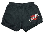 Fuzzy Pajama Shorts (girls) - Solid Shorts with Silver Glitter LOVE & Red Lips