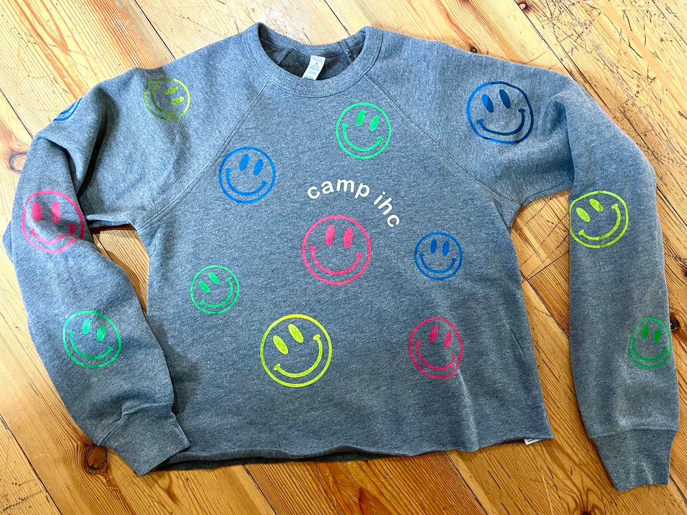 Camp Smiles Neon Cozy Grey Cropped Crew Sweatshirt